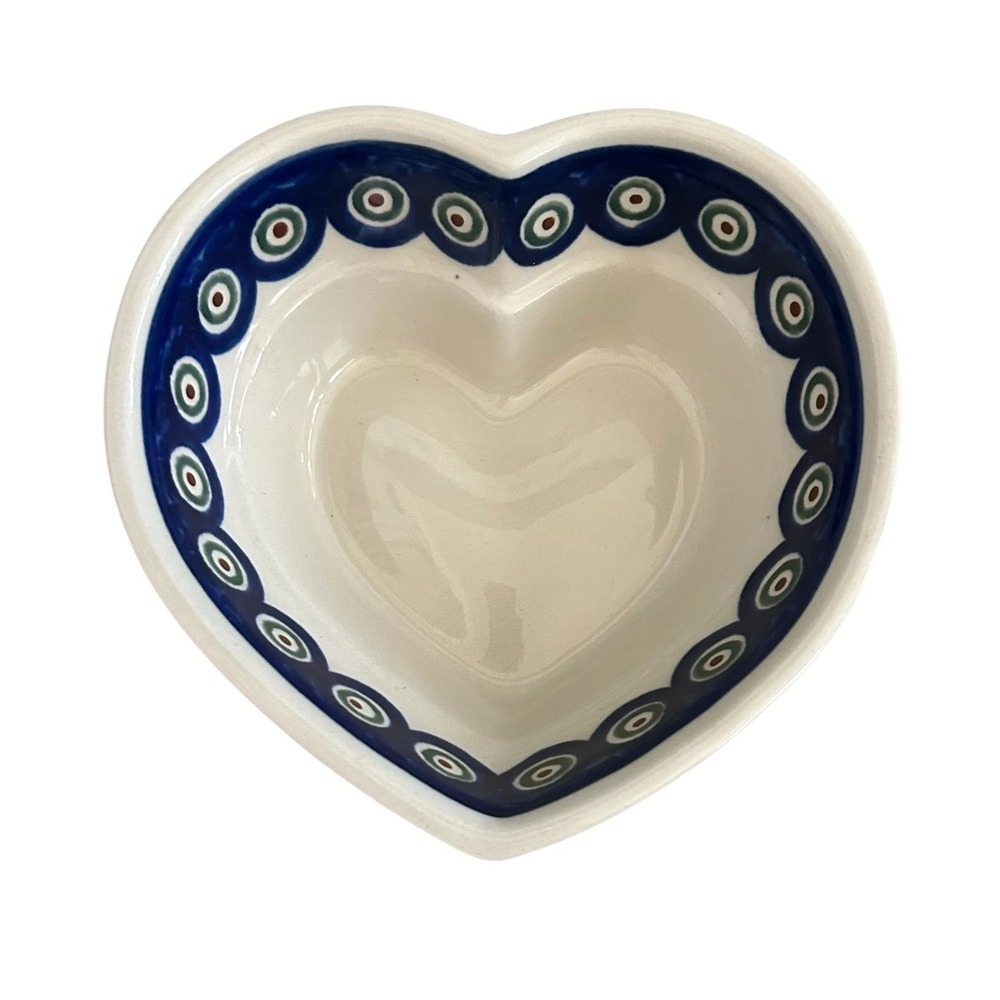 Polish Bolesawiec Pottery Peacock‎ Pattern Heart Shaped Bowl Folk Art Blue
